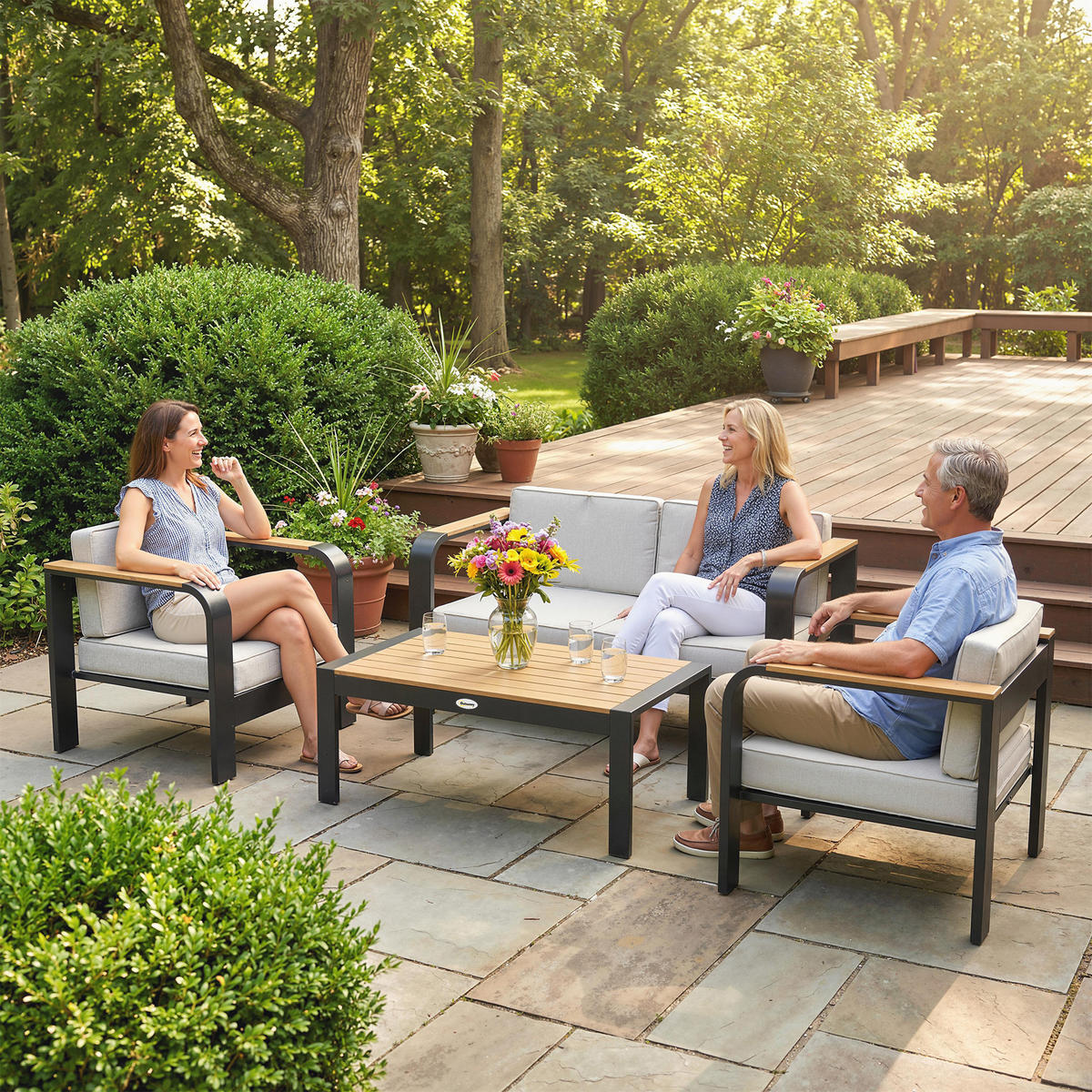 GARTENMÖBEL-SET 4er Set Aluminium WPC Beige - Beige/Anthrazit, Textil/Metall - Outsunny