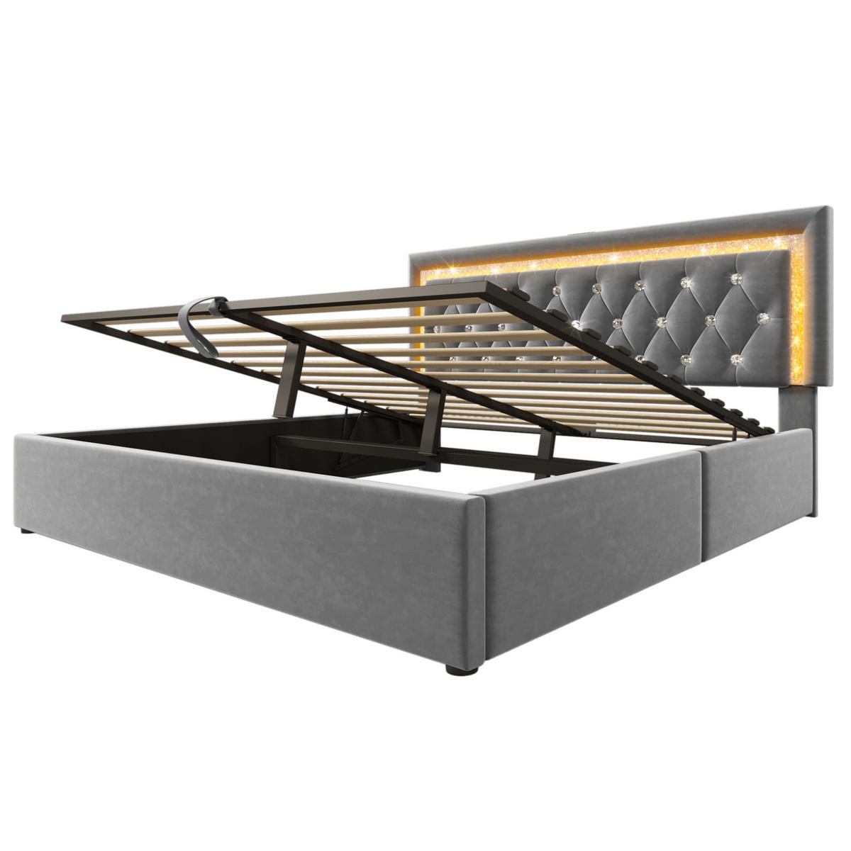 POLSTERBETT 140/200 cm mit LED-Beleuchtung, USB- und Type-C-Anschluss, Bettkasten und Matratze, Grau - Grau, Textil (140/200cm) - Redom