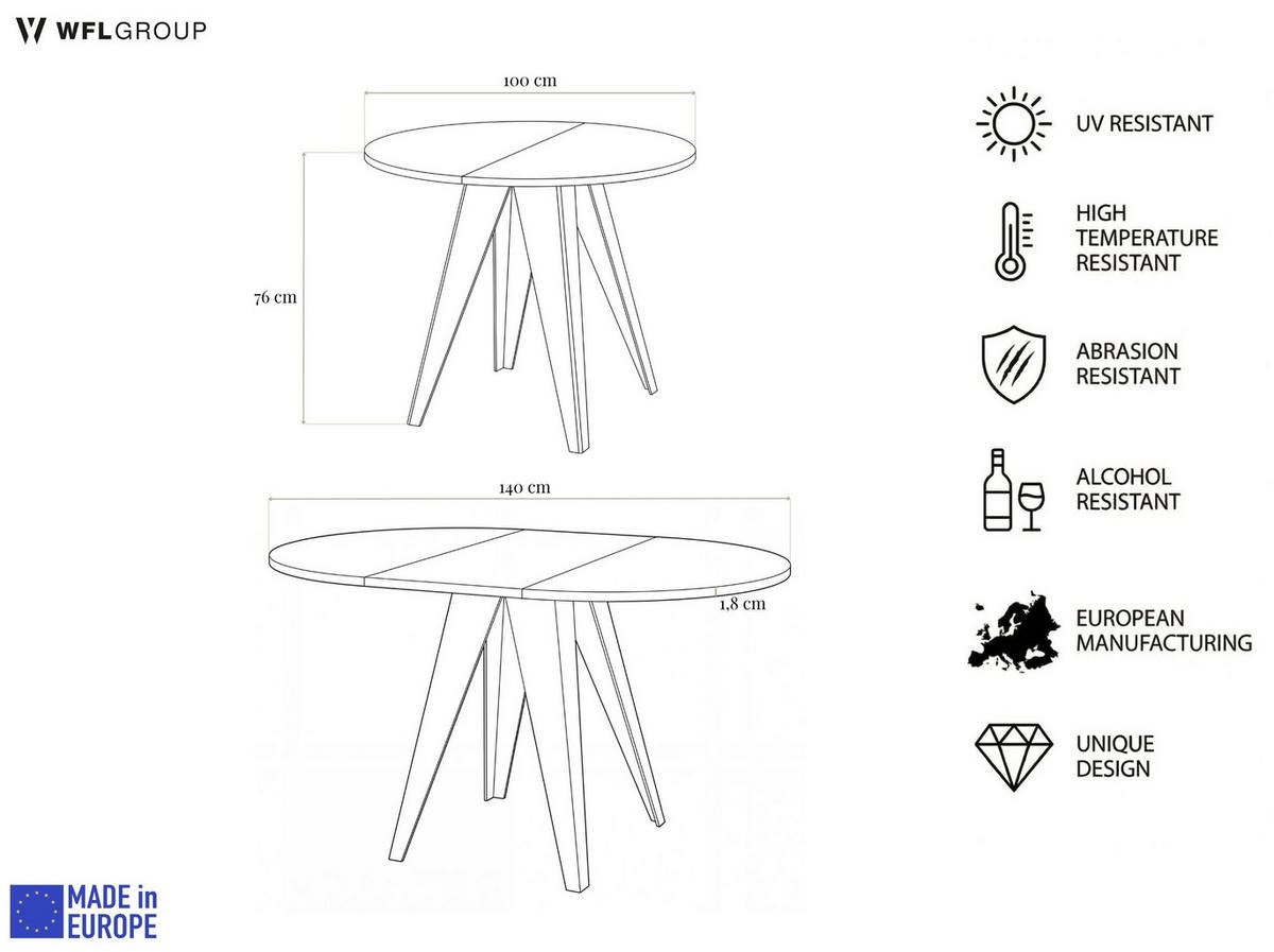 ESSTISCH Griffin runder ausziehbarer, Dunkelgrauer Chicago Beton 100-140/100/76 cm - Dunkelgrau/Weiß, Holzwerkstoff/Metall (100/140/76cm) - WFL GROUP