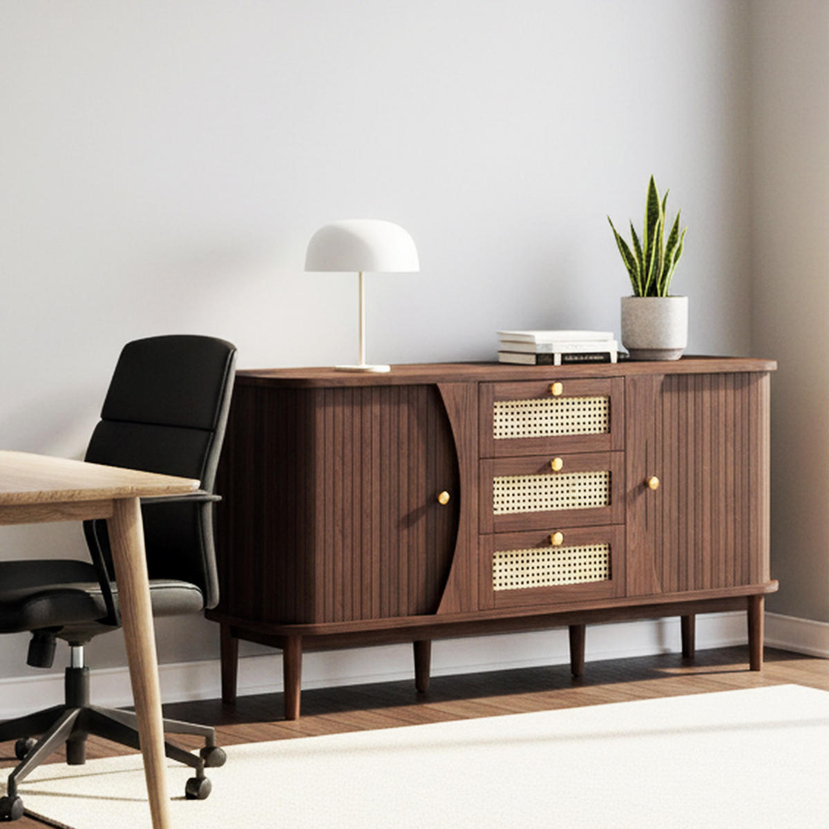 SIDEBOARD Walnuss Optik mit Rattan Schubladen und Schiebetüren - Walnussfarben, Naturmaterialien/Holzwerkstoff (140.5/73/40cm) - Urban Meuble