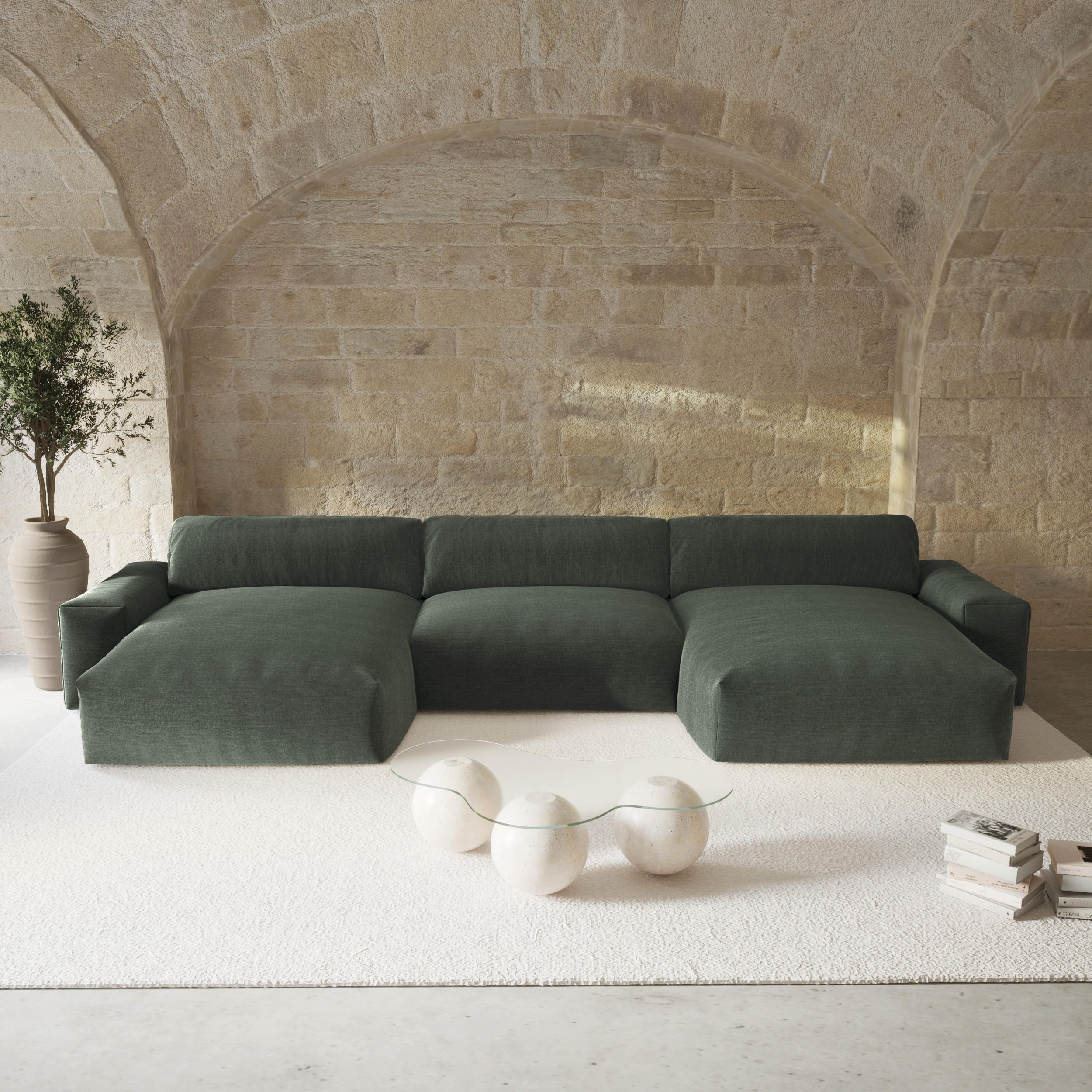 WOHNLANDSCHAFT Rastergewebe Khakigrün 420cm - Olivgrün/Grün, Textil (420/75/174cm) - Sia Home