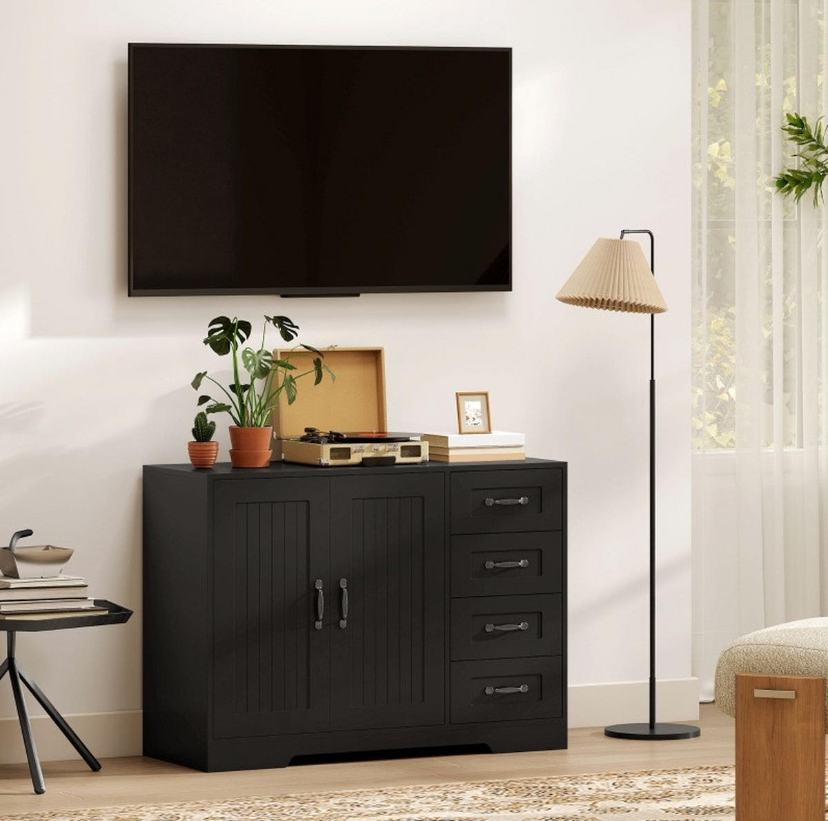 SIDEBOARD aus Holzwerkstoff 105x40x76 cm Schwarz mit 4 Schubladen, Schrank und verstellbarem Regal - Schwarz, Holz (105/76/40cm) - Modfu
