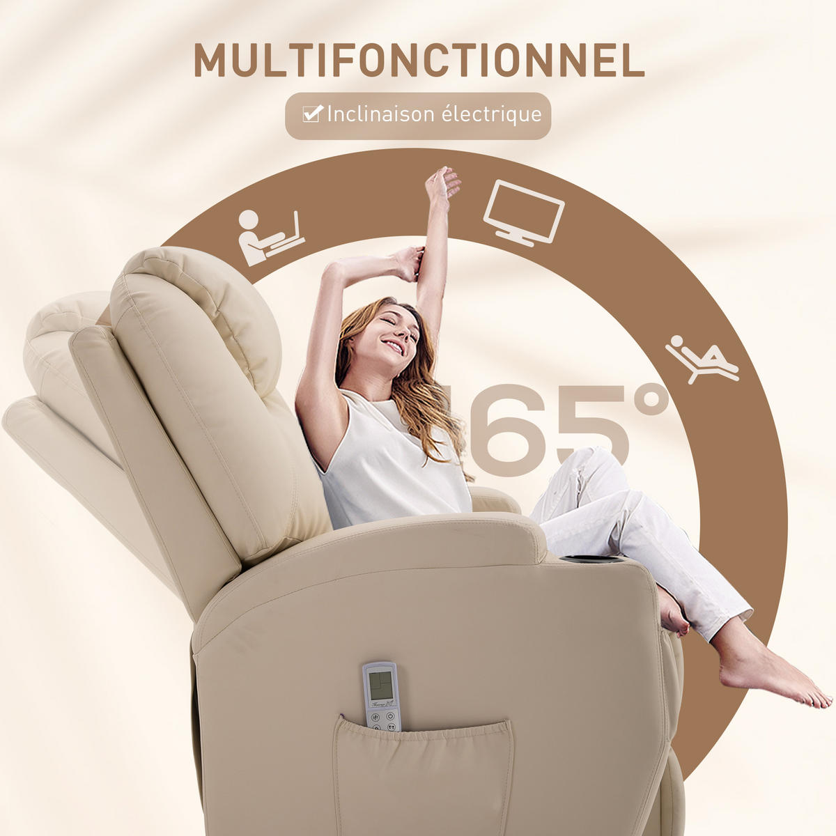 MASSAGESESSEL Creme mit Massagefunktion und elektrischer Liegefunktion 82/97/110 cm - Creme, Leder (82/110/97cm) - PANGIVO