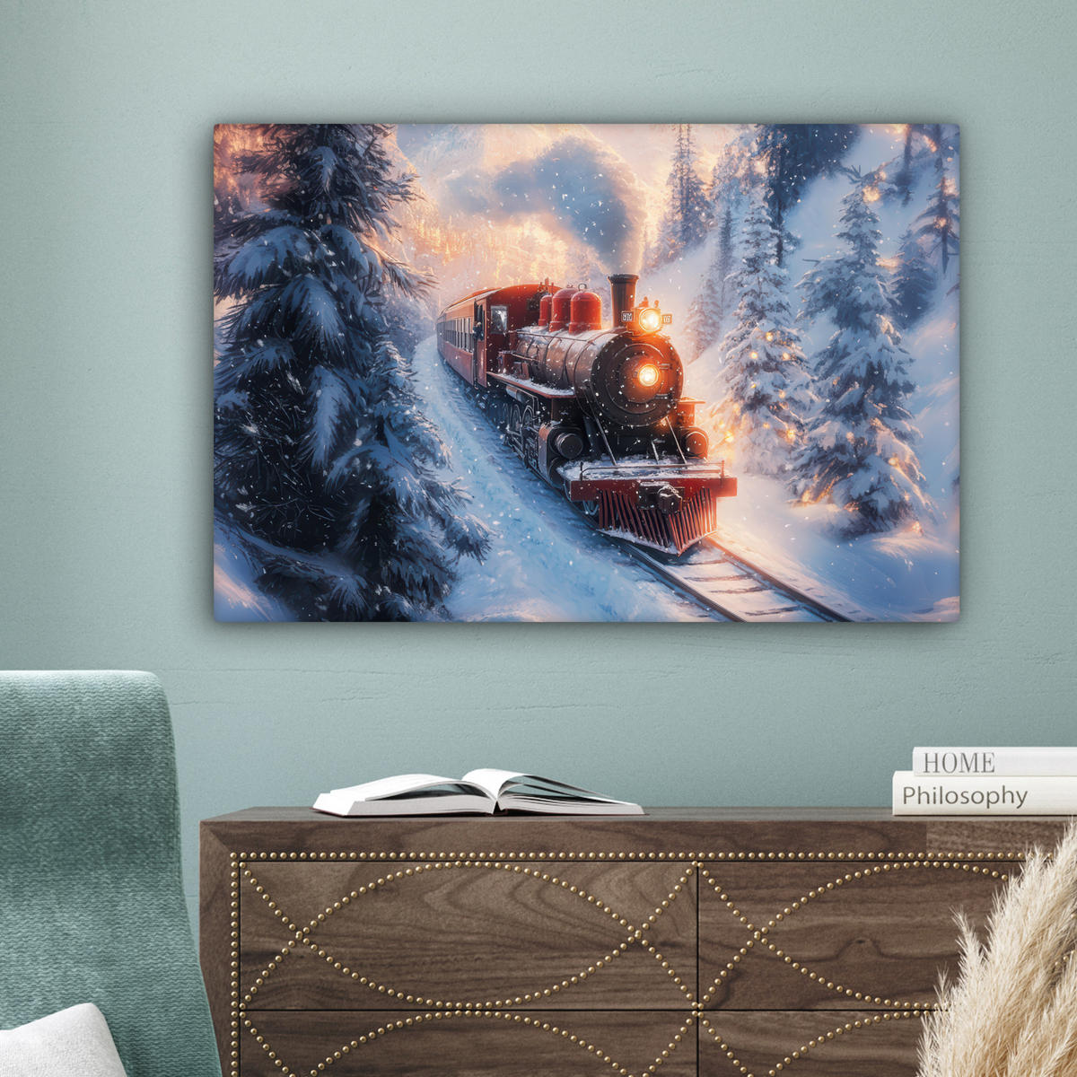 LEINWANDBILD Weihnachtszug - Schnee - Winter - Weihnachten Wanddeko 90x60 cm - Dunkelrot, Textil (90/60cm) - MuchoWow