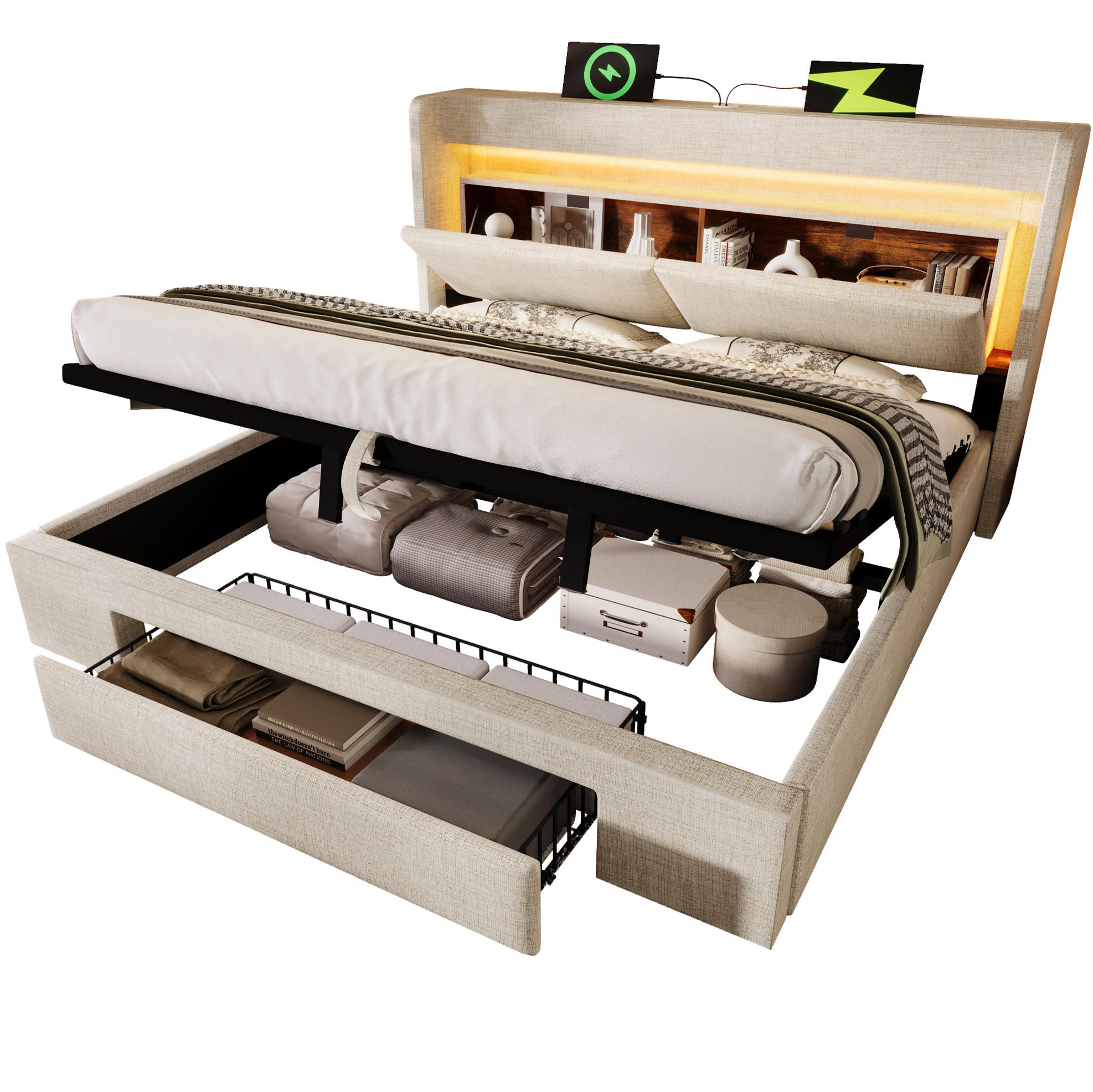 POLSTERBETT 160/200 cm Beige aus Leinen mit Stauraum und LED - Beige, Textil (160/200cm) - OKMYHOME