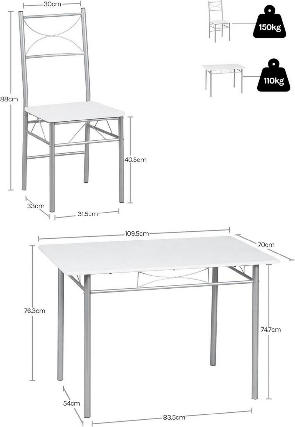 TISCHGRUPPE Esstisch mit 4 Stühlen, MDF, Weiß - Silberfarben/Weiß, Holzwerkstoff/Metall (110/76/70cm) - Woltu
