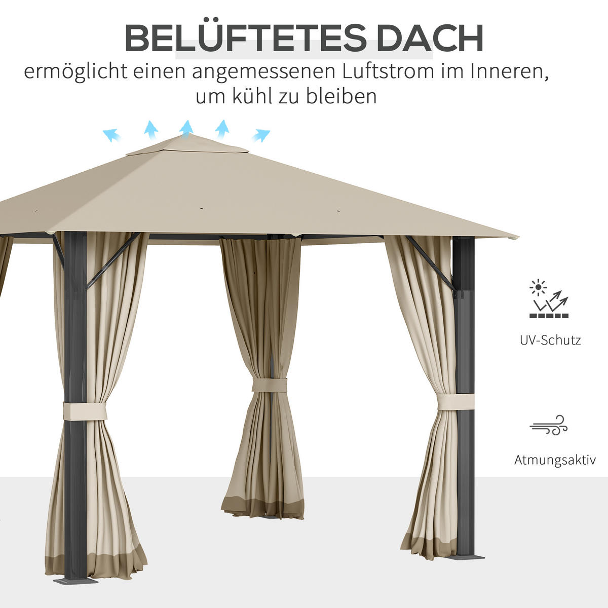 GARTENPAVILLON Pavillon 3 x 3 m mit Seitenteile Belüftungslöcher Alu khaki - Braun, Metall (2.97/2.6/2.97cm) - Outsunny