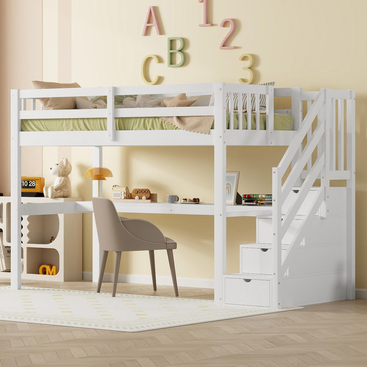 KINDERHOCHBETT 90/200 cm mit Schreibtisch, Stauraumschubladen und Regal, Weiß - Weiß, Holzwerkstoff (90/200cm) - Redom