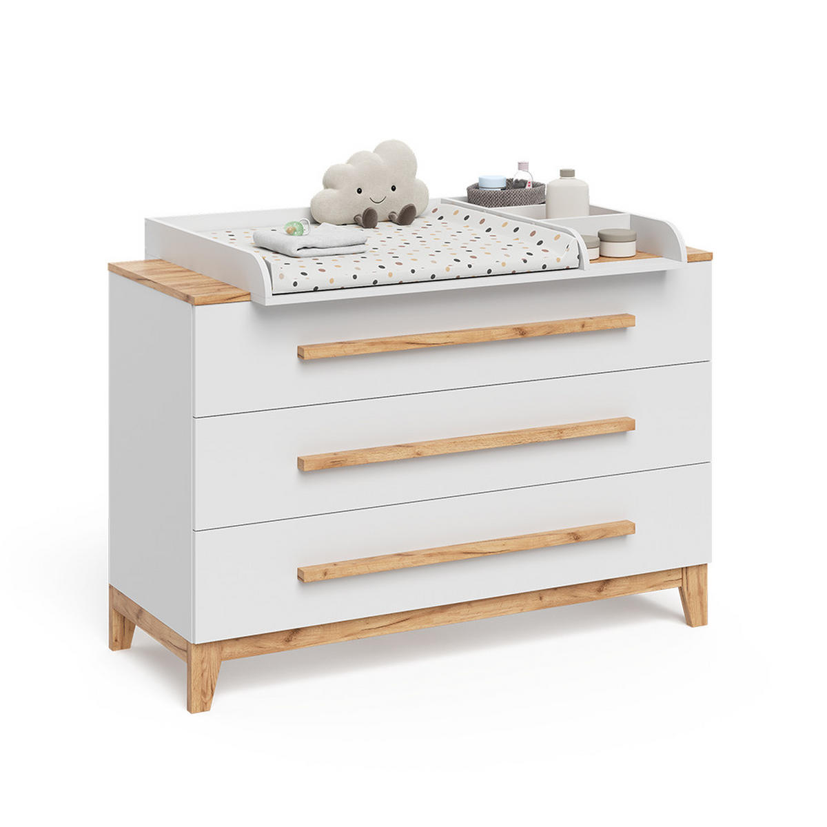 WICKELKOMMODE Malia Weiß/Artisan 133.2 x 98 cm mit 3 Schubladen - Weiß, Holzwerkstoff (133.2/98/70cm) - VitaliSpa