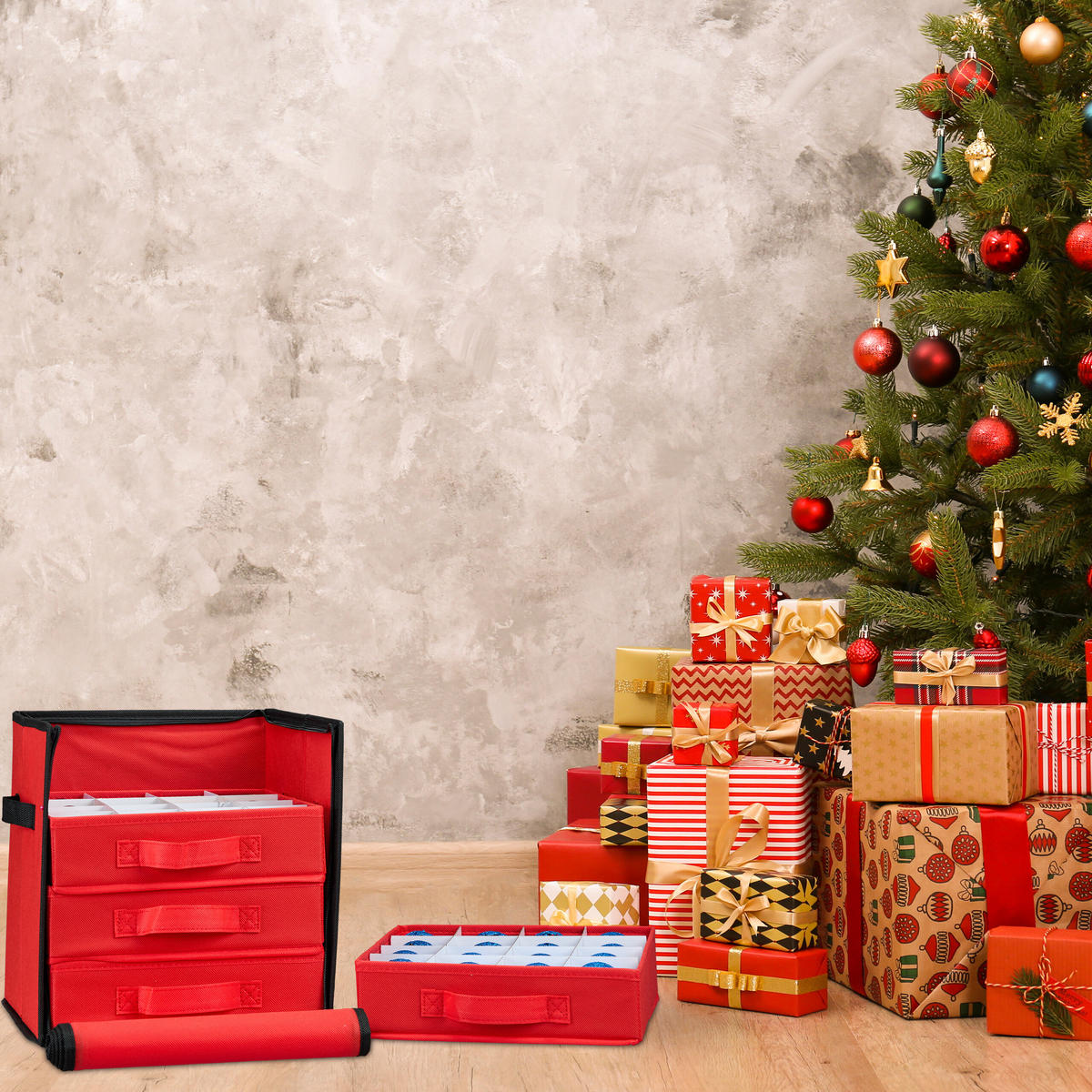 WEIHNACHTSKUGEL-AUFBEWAHRUNGSBOX - Rot, Wellpappe/Textil (31/30.5/30.5cm) - Relaxdays
