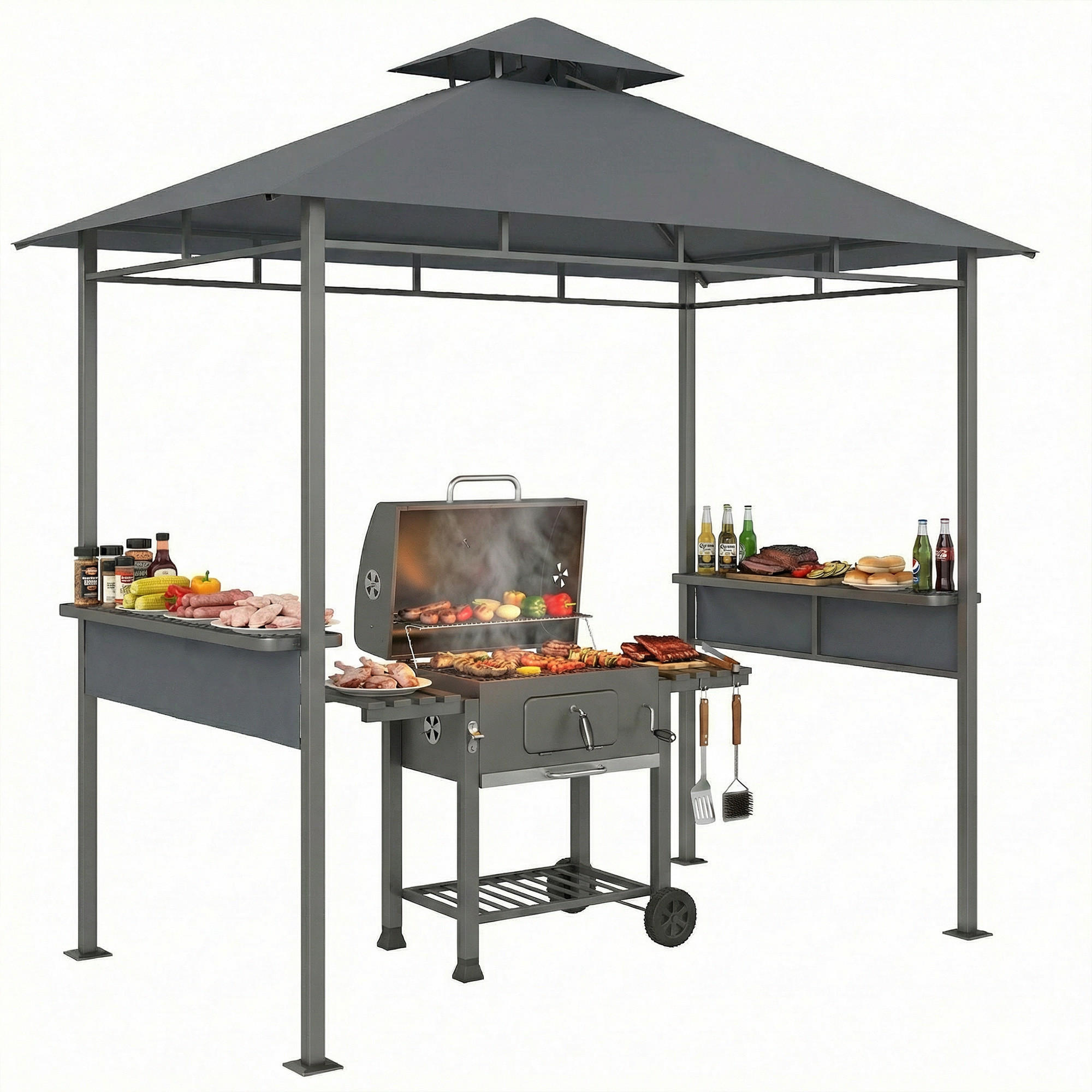 GRILLPAVILLON 2,4 x 1,4 m, Windfest Grillüberdachung mit Doppeldach Lüftungsöffnung Seitenregalen - Dunkelgrau, Textil (245/255/146cm)