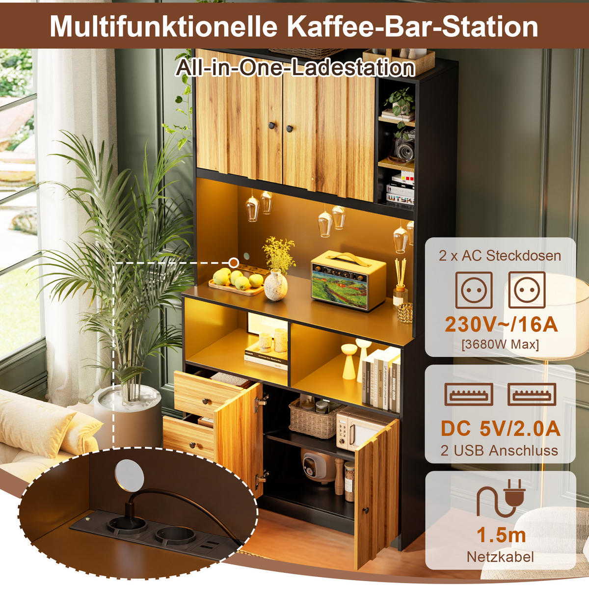 BUFFET DE-38715 100/40/180 cm LED-Beleuchtung und 3 Weinglashalter Natur - Naturfarben, Holzwerkstoff (100/180/40cm) - ComfortXL