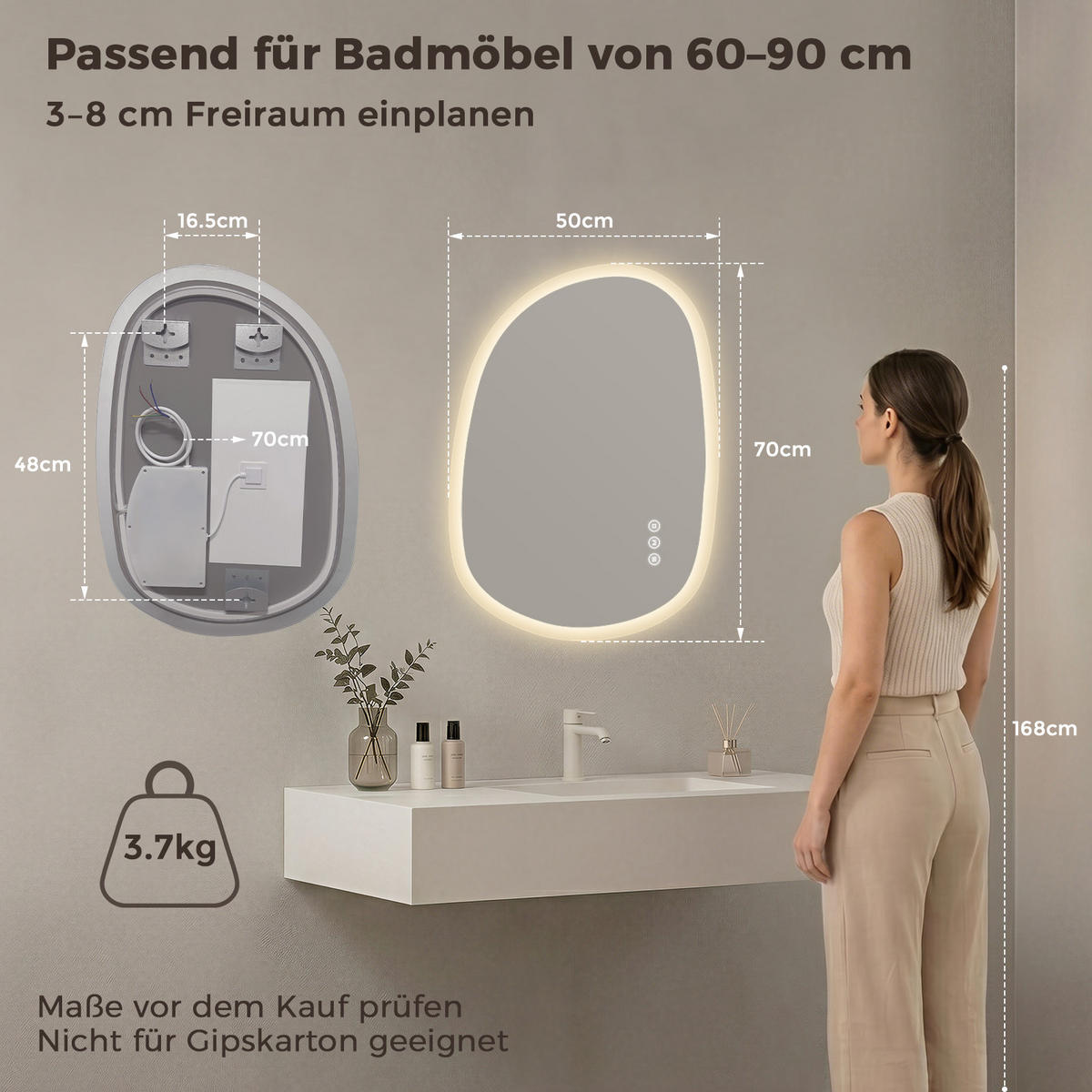 BADSPIEGEL mit Beleuchtung 70/50 cm asymmetrisch rahmenlos LED dimmbar mit Antibeschlag - Transparent, Glas (50/70/2.5cm) - S'AFIELINA