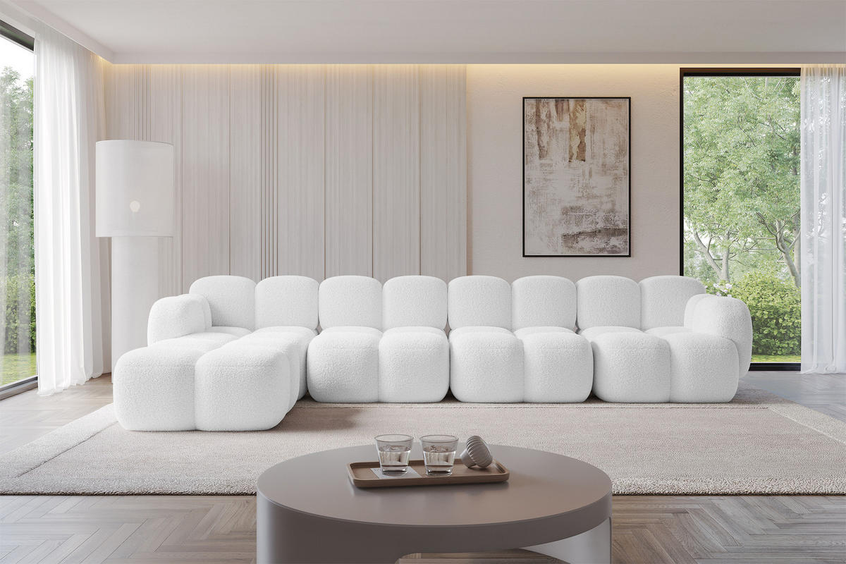 ECKSOFA modulares Sofa Links Miko-L3 390x205x75 Weiß Bouclé - Schwarz/Weiß, Holzwerkstoff/Kunststoff (390/205cm) - ALTDECOR