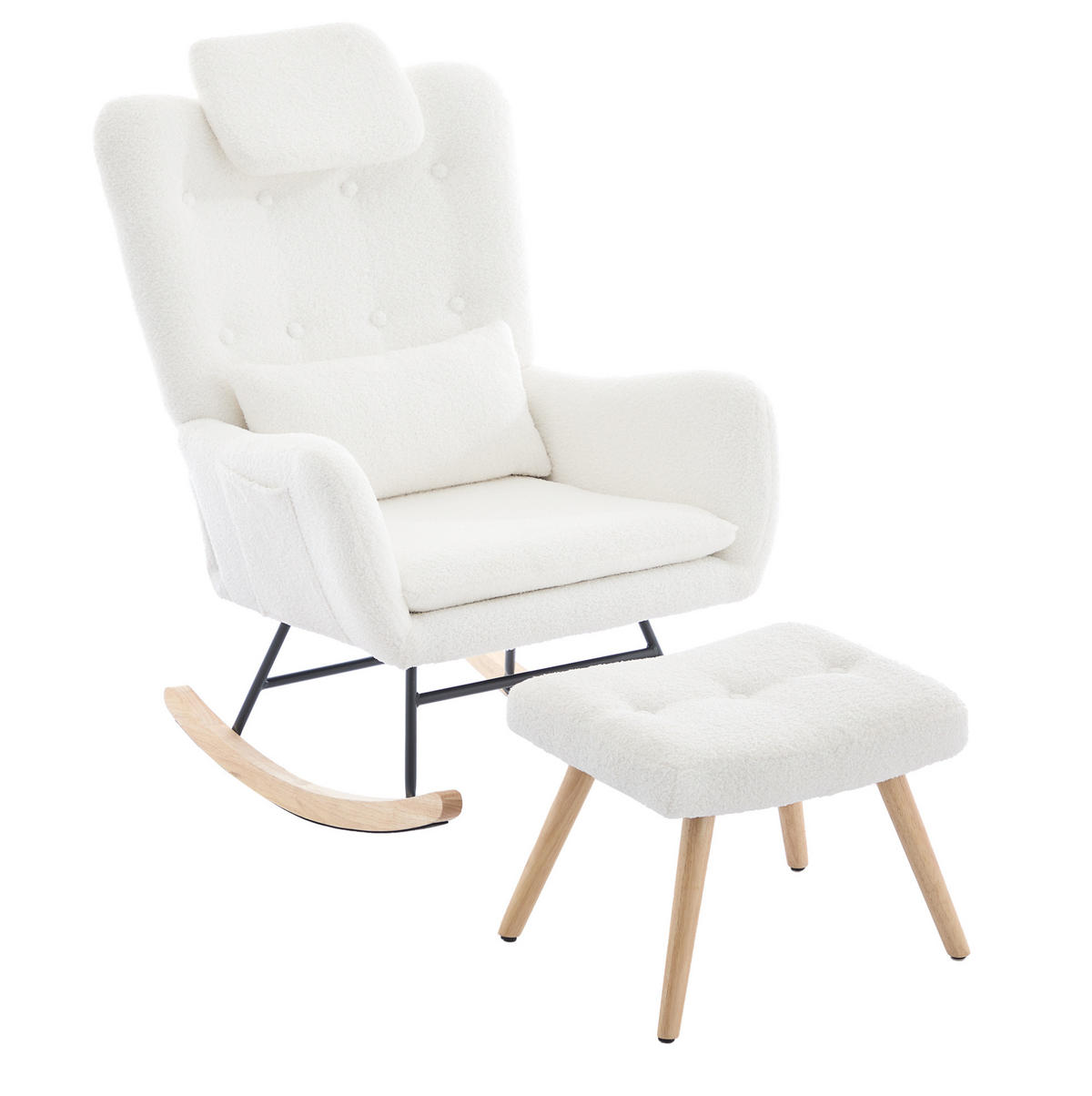RELAX-SCHAUKELSTUHL 73/92/102 cm mit Hocker und Teddybezug – bis 100 kg belastbar - Weiß, Textil (92/102/73cm) - BEAOK