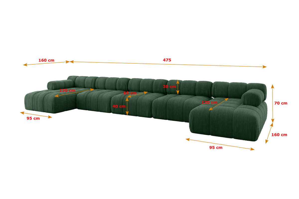 WOHNLANDSCHAFT modulares Sofa Tesso-U3 - 475x160x70 cm Grün Cord - Grün, Holzwerkstoff/Textil (475/70/160cm) - ALTDECOR