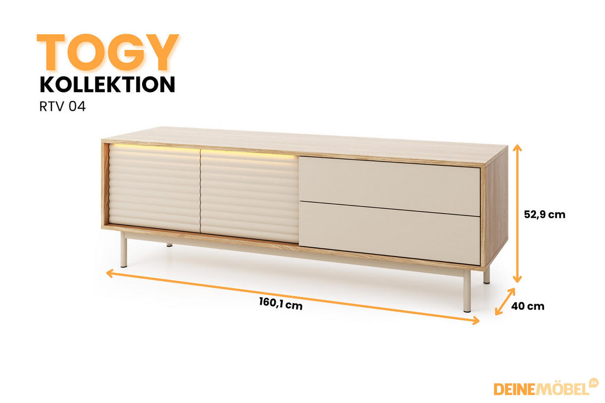 TV-LOWBOARD TOGY 04 160 cm breit in Kaschmir / Geölter Eiche mit LED Beleuchtung - Kaschmir/Eichefarben, Holzwerkstoff (160/53/40cm) - Deine Möbel 24