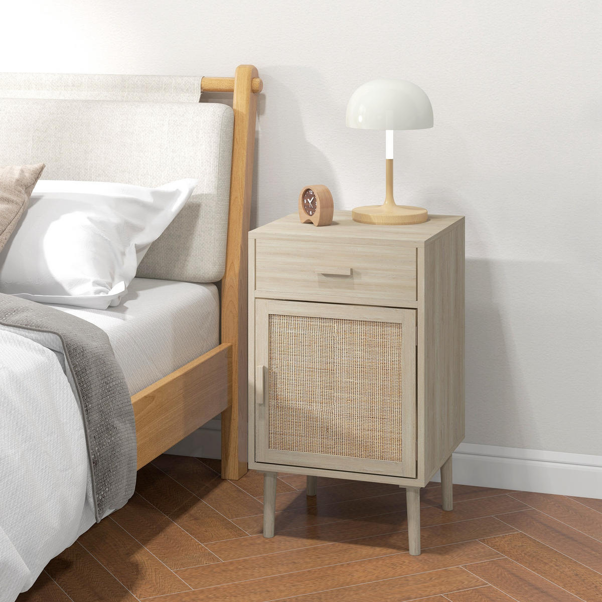 NACHTTISCH Eiche Spanplatte Rattan mit Schublade und Tür 2er-Set - Eichefarben, Holzwerkstoff (40/68.5/40cm) - PANGIVO