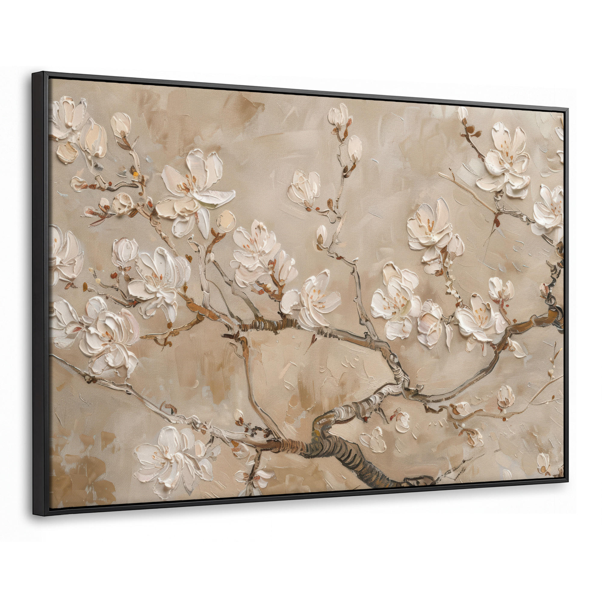 LEINWAND Bilder mit Rahmen - Blumen - Modern - Beige - Weiß - Blüte - 150x100 - Beige, Textil (150/100cm) - MuchoWow
