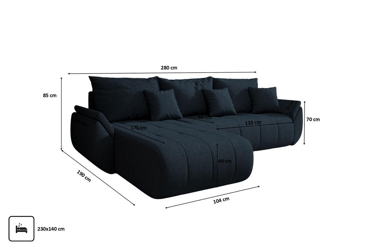 ECKSOFA Mit Schlaffunktion Und Bettkasten TOKYO, Stoff WIND, Dunkelblau, Links - Dunkelblau, Holz (280/190cm) - Kaiser Möbel