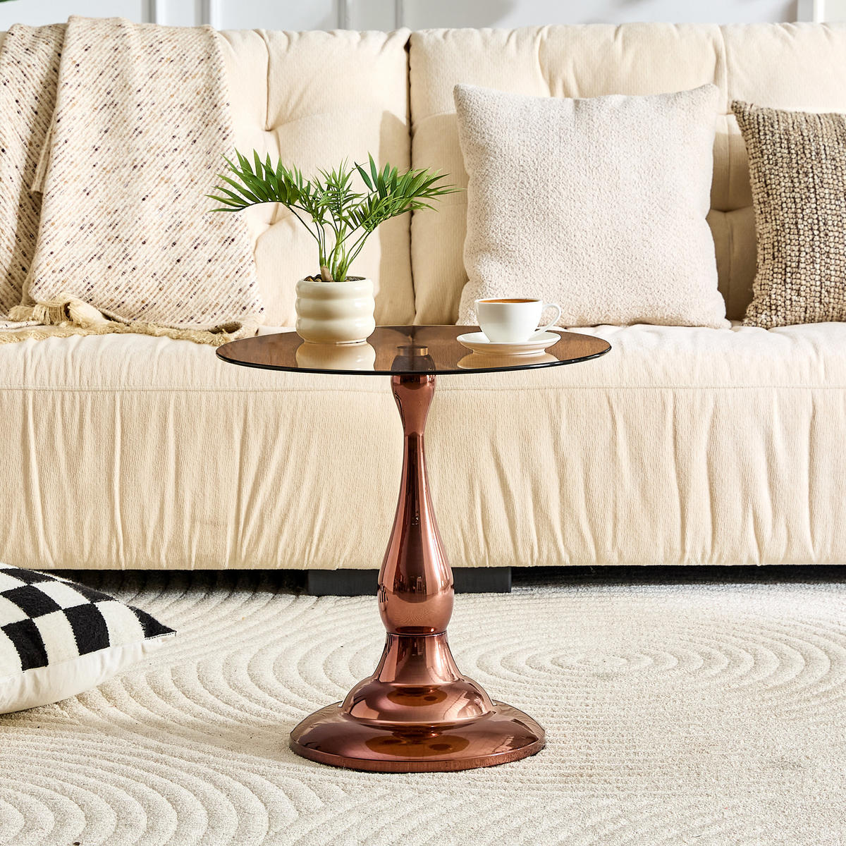 BEISTELLTISCH DE-37360 rund mit Glasplatte und geschwungenem Sockel Roségold - Roségold, Metall (50/50/51.5cm) - ComfortXL