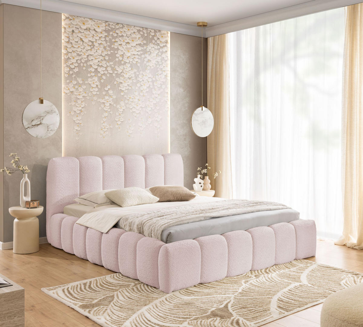 POLSTERBETT MIA mit Bettkasten 180x200,Bubble Bett,Doppelbett mit Stauraum,Lattenrost,Boxspringbett-Optik,ohne Matratze-Puderrosa - Hellrosa, Holz (180/200cm) - Furnistar