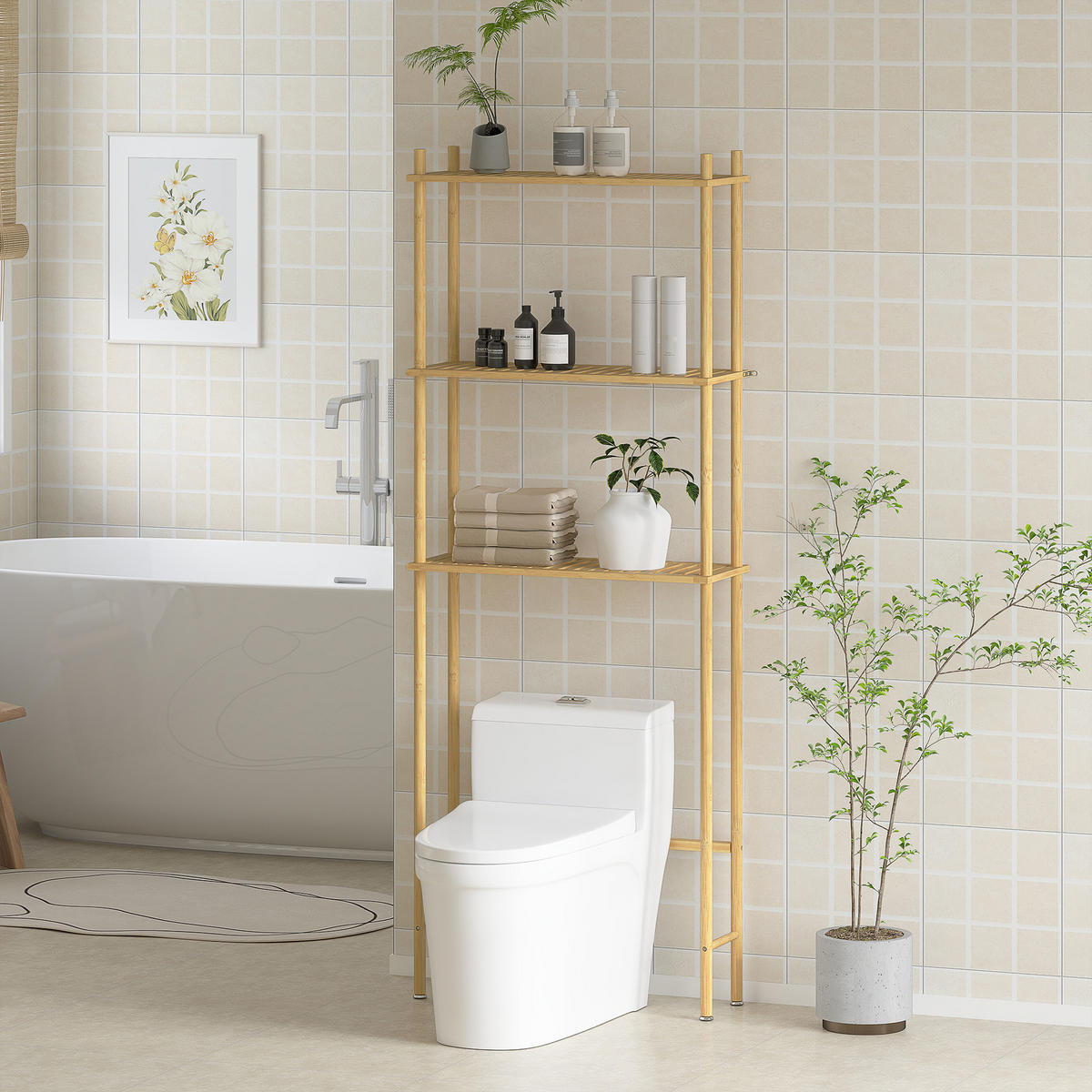 Toilettenregal Bambus Naturholz - Naturfarben, Holzwerkstoff (25.5/181/69cm) - HOMCOM