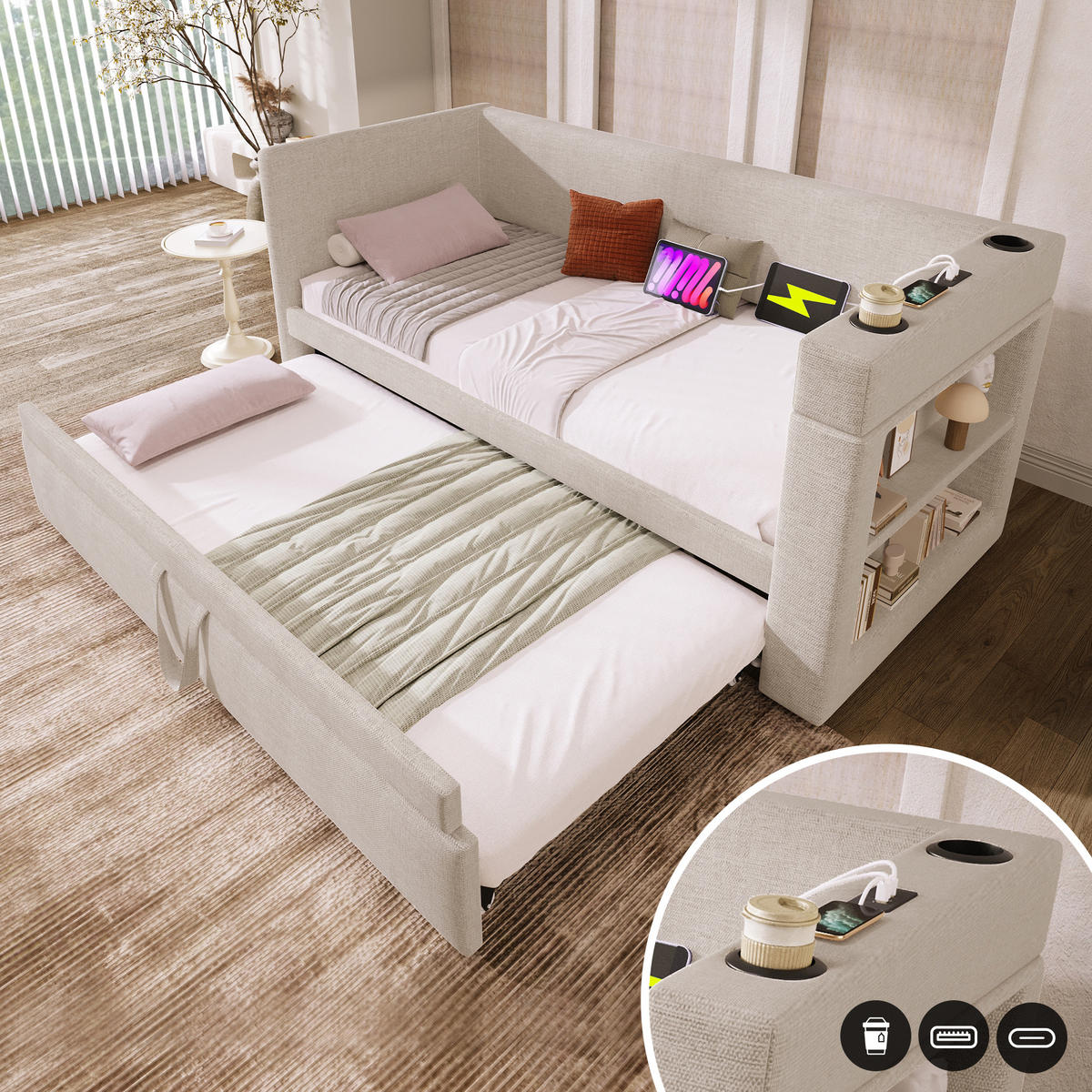 TAGESBETT 90x190cm Einzelbett Schlafsofa Ausziehbett USB-C & Halter Beige - Beige, Holz (90/190cm) - FLIEKS