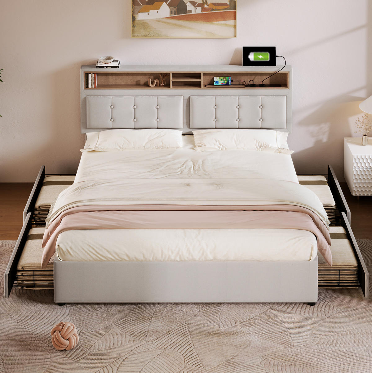 BETT mit 4 Schubladen und USB/Typ-C 140x200 cm Leinen Beige - Beige, Metall (140/200cm) - Meubliv