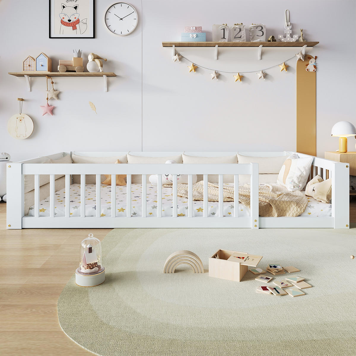 BETT 90/200 cm in Weiß mit Seitengitter und Kissen Massivholz Design - Weiß, Holzwerkstoff (90/200cm) - STILVORA