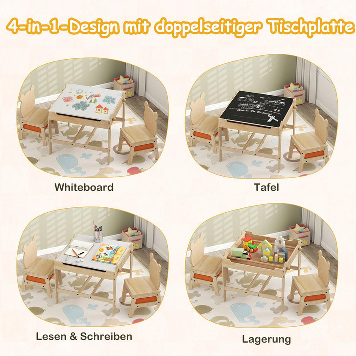 KINDERTISCH mit Stühlen natur(3-tlg) - Naturfarben, Holzwerkstoff (60/52/60cm) - COSTWAY