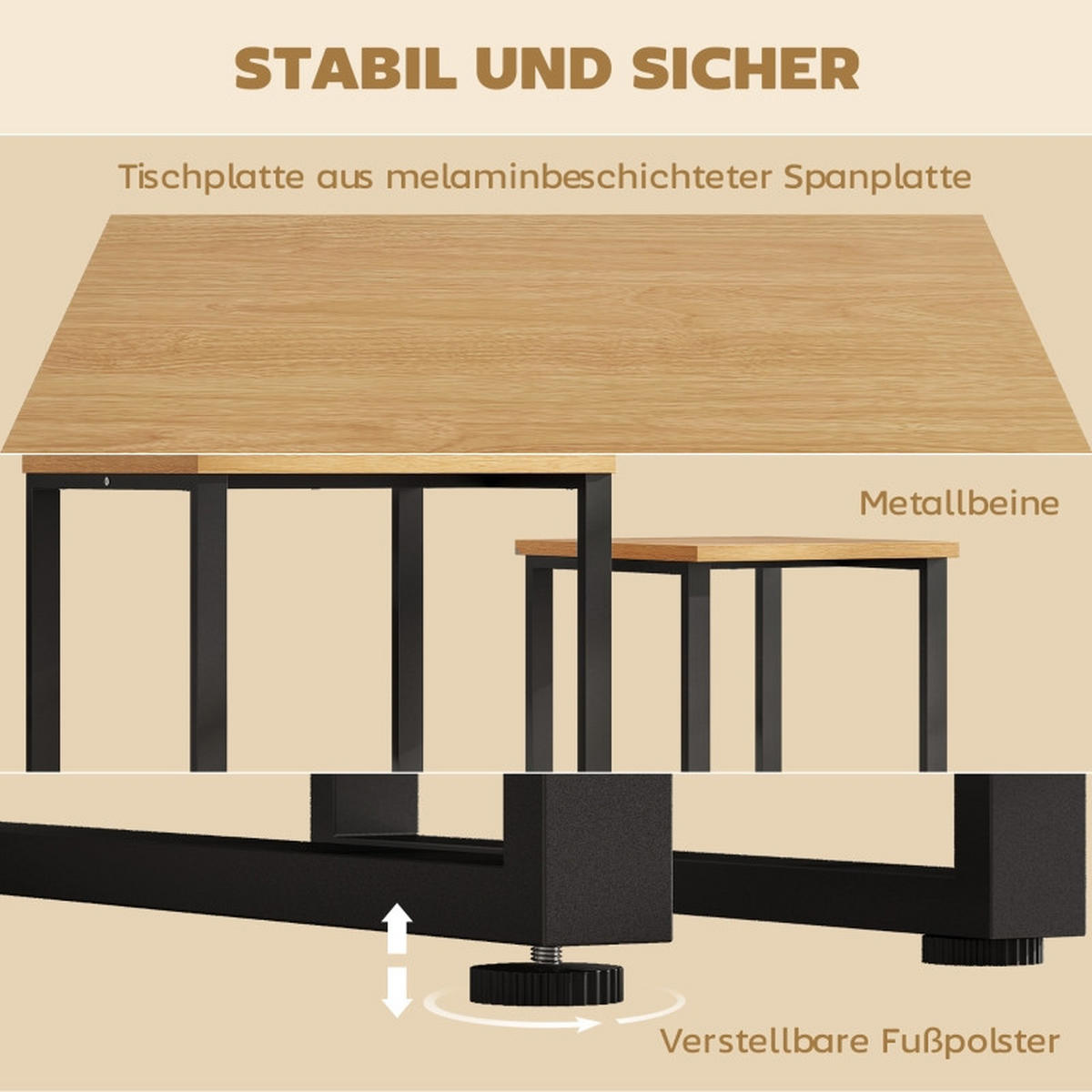 COUCHTISCH-SET 60/50/60 cm natur aus Holz und Metall platzsparend stapelbar - Naturfarben, Holz (60/50/60cm) - OKWISH