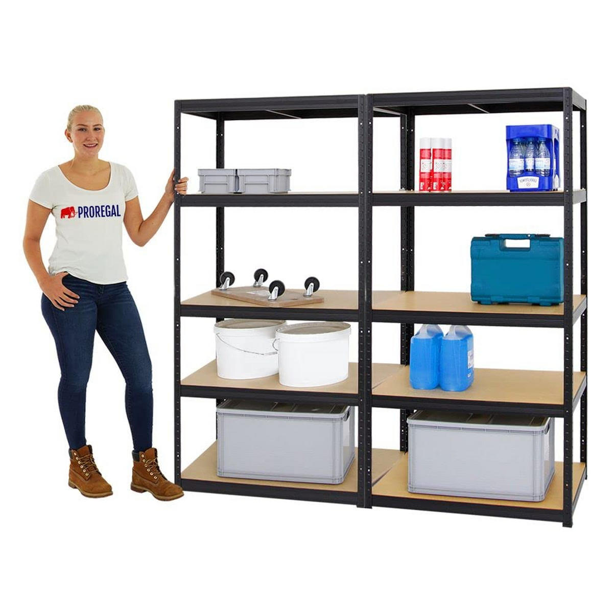 SCHWERLASTREGAL Slim Elephant M 2er-Set mit 2x 180x90x60 cm 5 Ebenen Fachlast 350 kg Schwarz - Schwarz, Metall (180/180/60cm) - PROREGAL