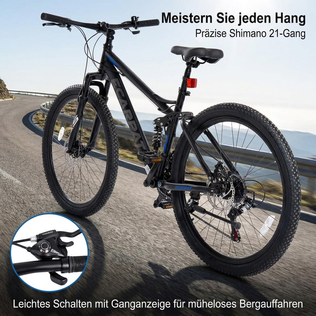 MOUNTAINBIKE 26 Zoll Schwarz + Blau, 21-Gang-Schaltung, Doppel-Scheibenbremsen, Carbonstahl - Blau, Metall (20cm) - Oxeza