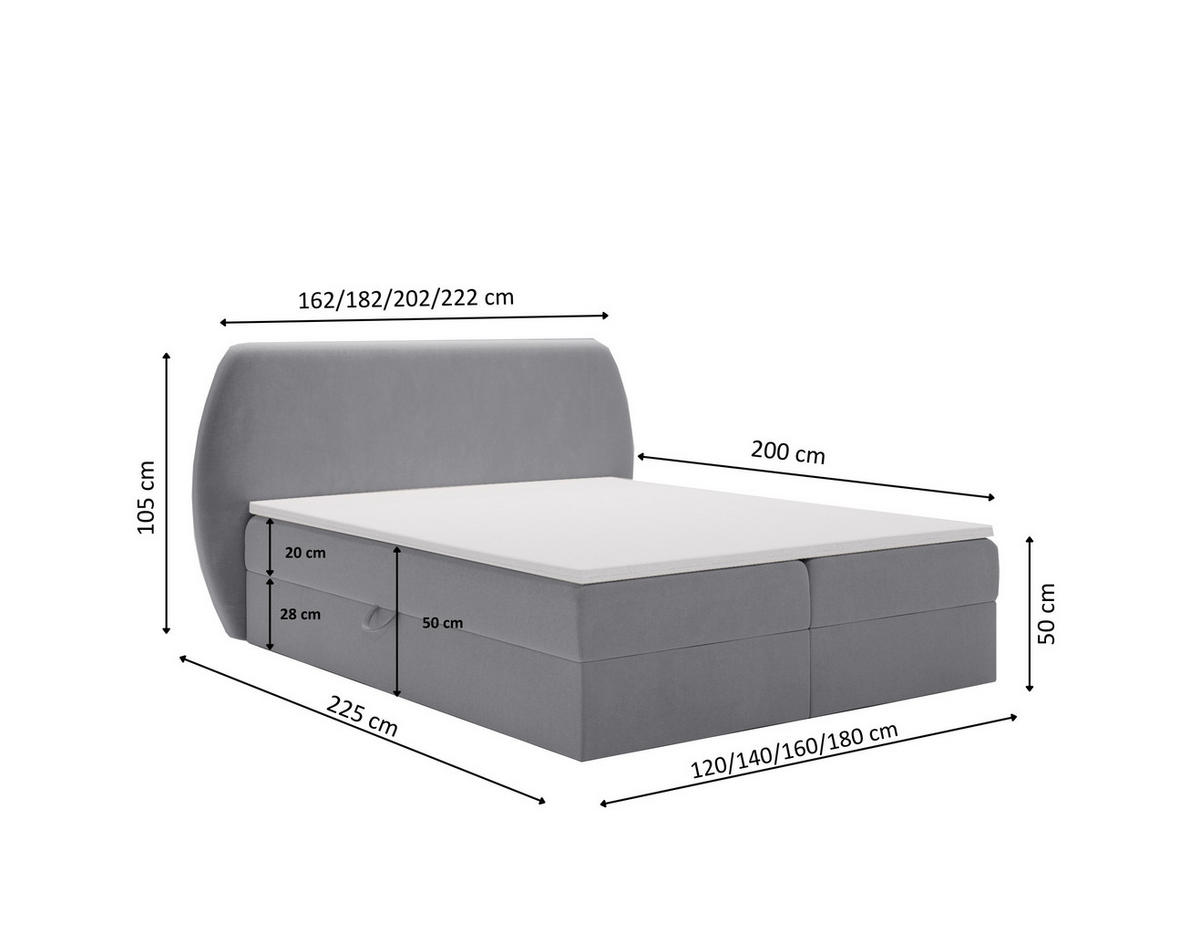 BOXBETT Bloom mit abgerundetem Kopfteil, Stoff Komodo Grau 120x200 cm - Grau, Holz (120/200cm) - Kaiser Möbel