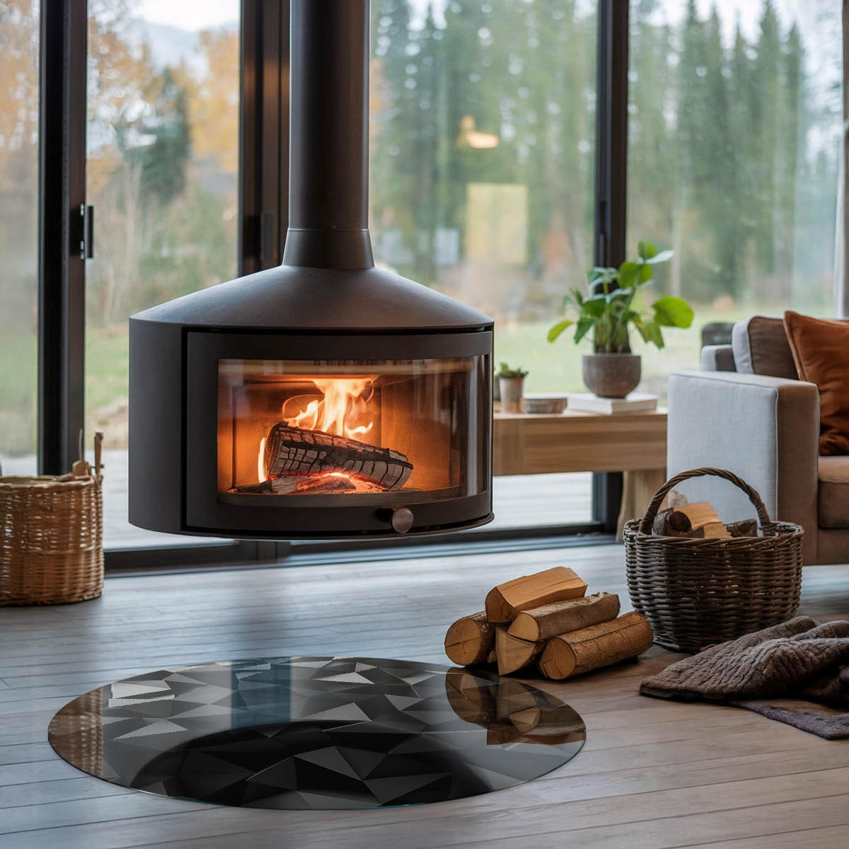 GLASPLATTE für Kamin Ø 90 cm - Schwarz, Glas (90/90/0.4cm) - TULUP