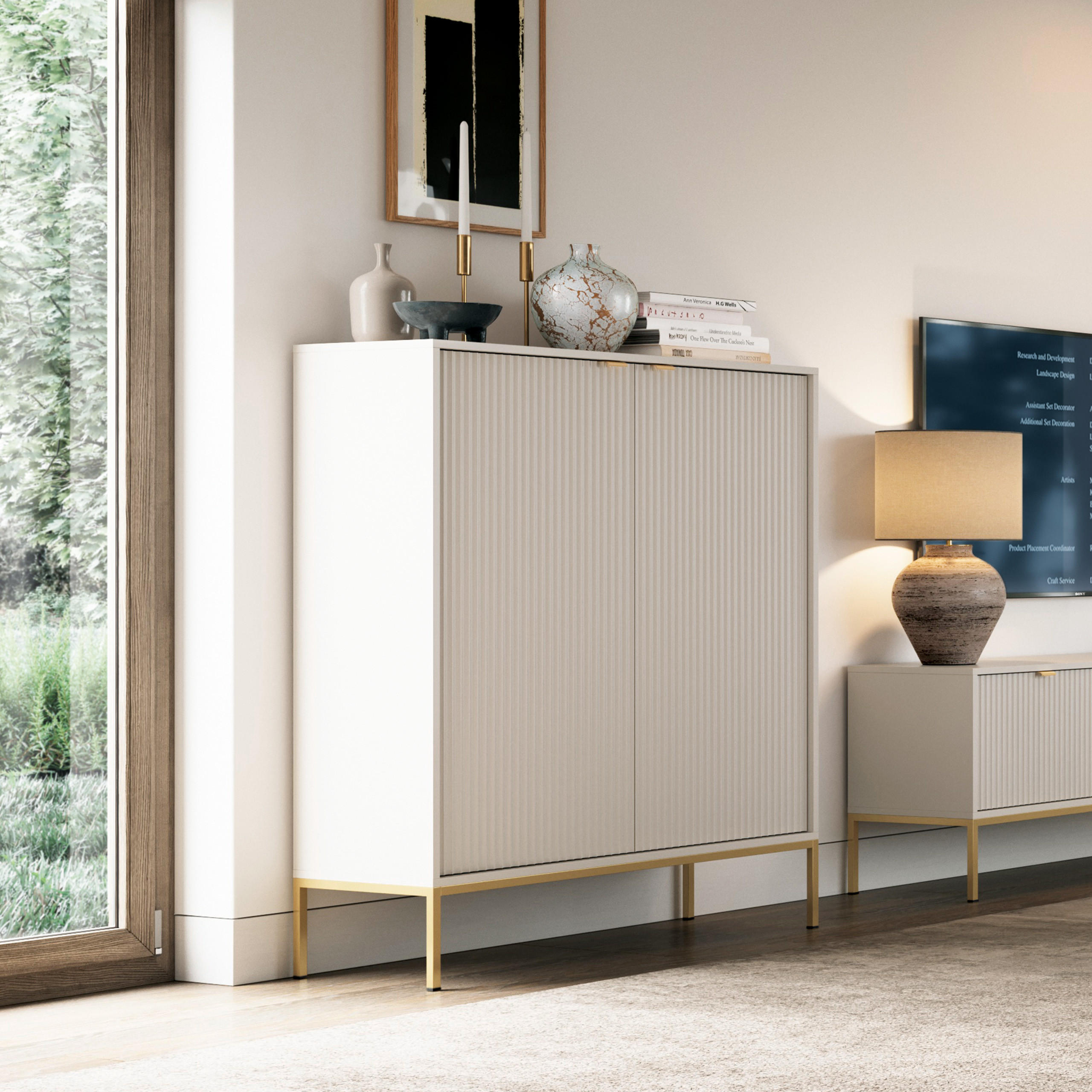 HIGHBOARD STELLARE 104/125/39cm 2 Türen Kaschmir - Kaschmir/Goldfarben, Holzwerkstoff (104/125/39cm) - MASSENO