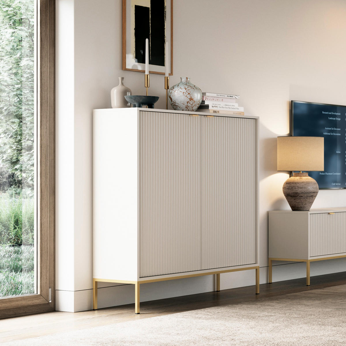 HIGHBOARD STELLARE 104/125/39cm 2 Türen Kaschmir - Kaschmir/Goldfarben, Holzwerkstoff (104/125/39cm) - MASSENO