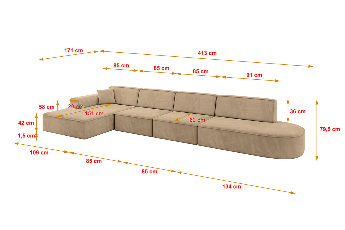ECKSOFA Ottomane Links IREA-L3-v3 - 413x171x79 cm Beige - Beige, Holzwerkstoff/Textil (413/171cm) - ALTDECOR