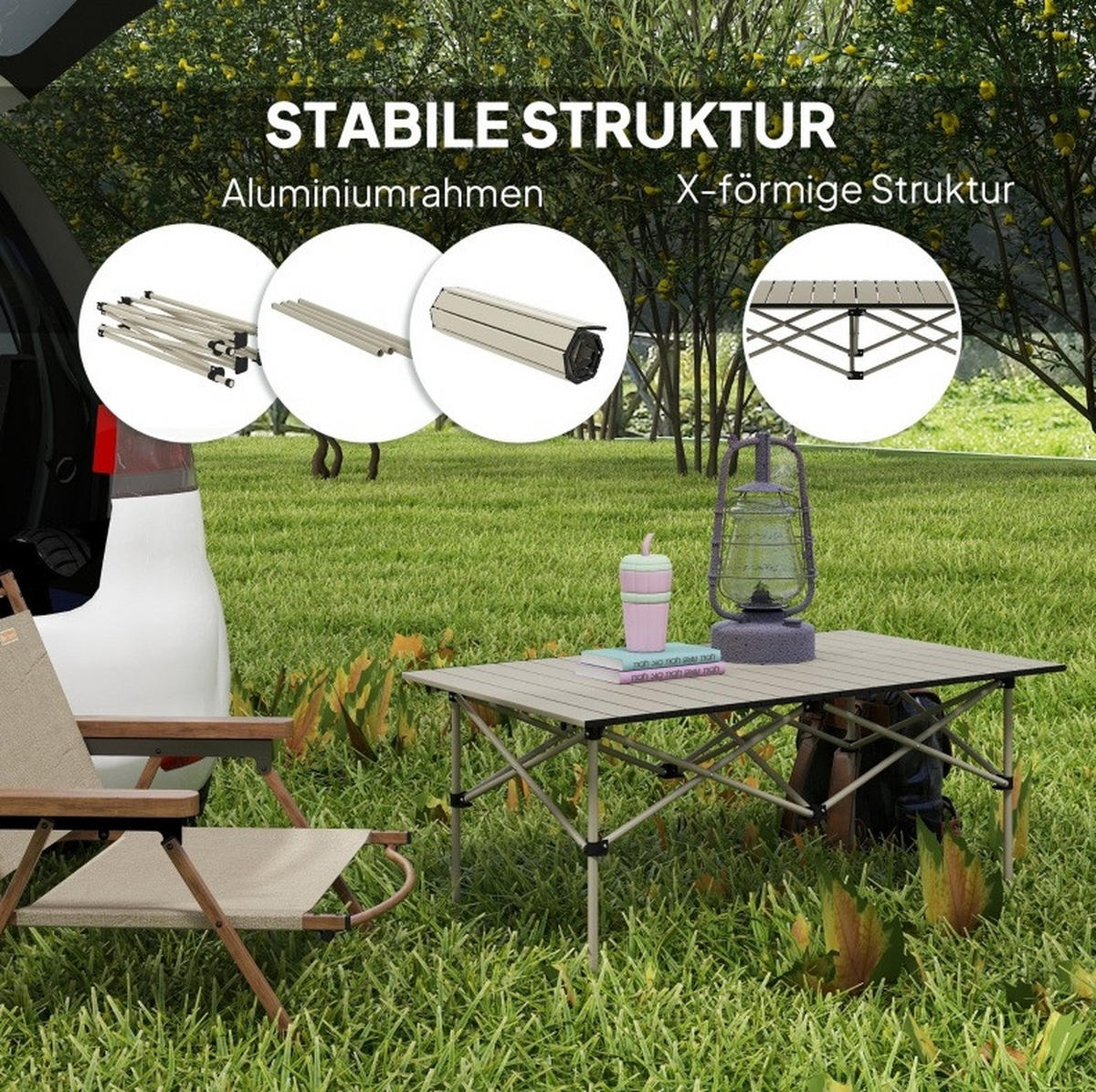 LOUNGETISCH 95/55/50 cm khaki aus Aluminium klappbar - Beige, Metall (95/55/50cm) - OKWISH