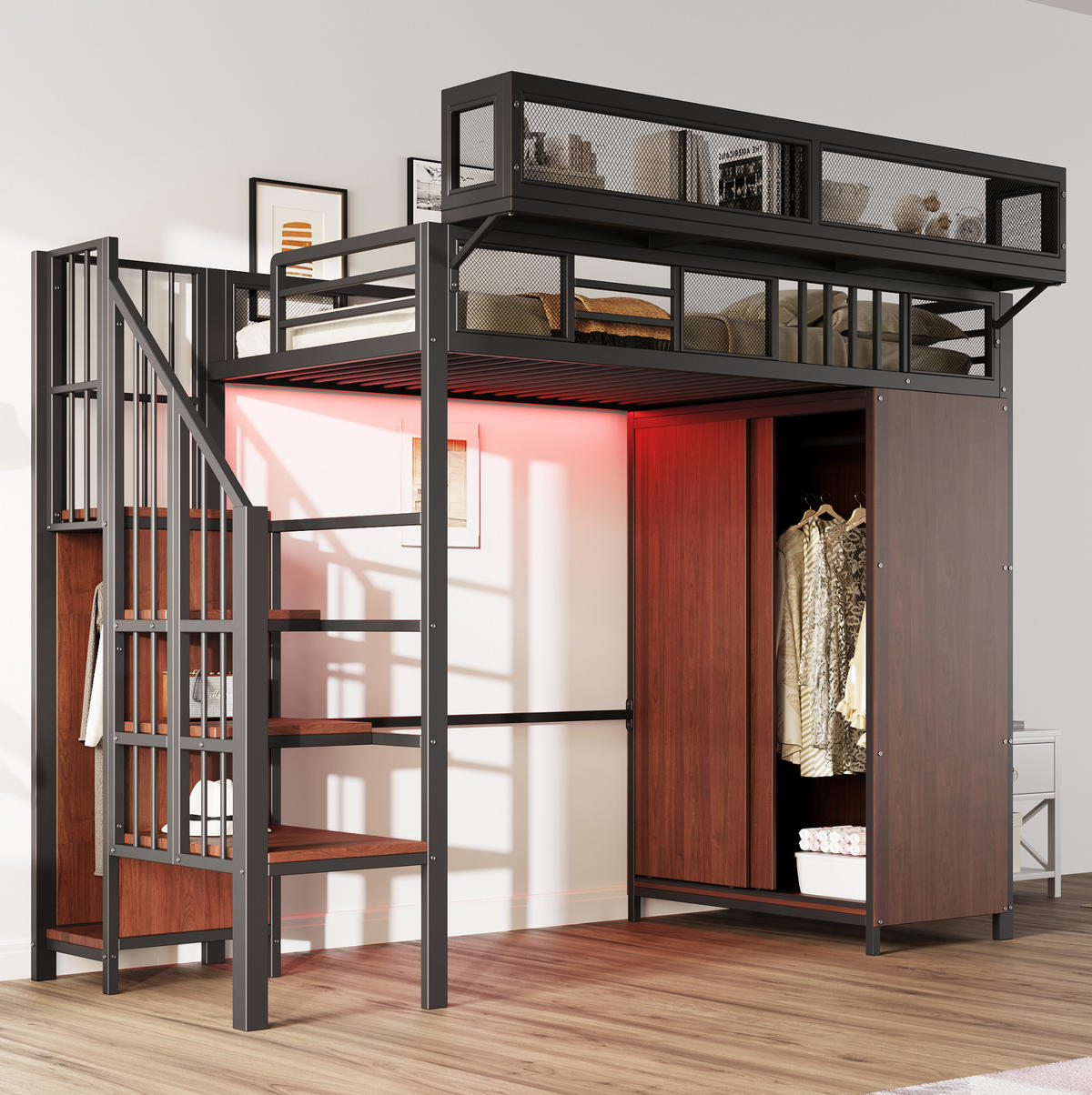 HOCHBETT 90/200 cm mit Kleiderschrank, LED-Beleuchtung und Stauraumleiter, Metall/ Holzwerkstoff, Schwarz - Schwarz, Metall (90/200cm) - Redom