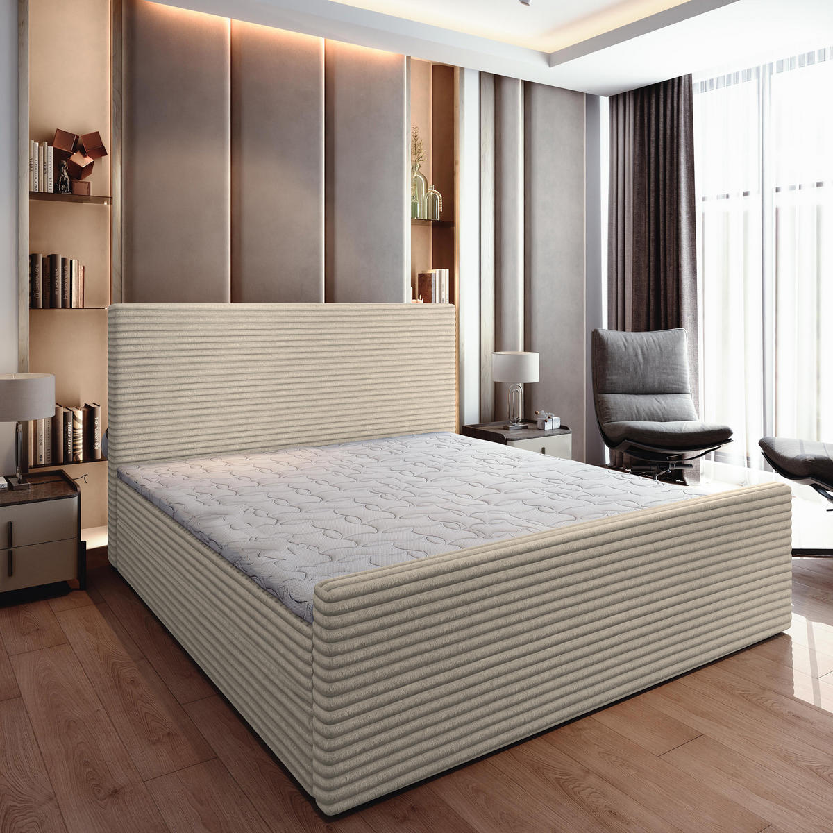 BOXBETT BRENTO 140x200 cm mit Matratze und Topper - Creme - Creme, Holz (140/200cm) - MASSENO