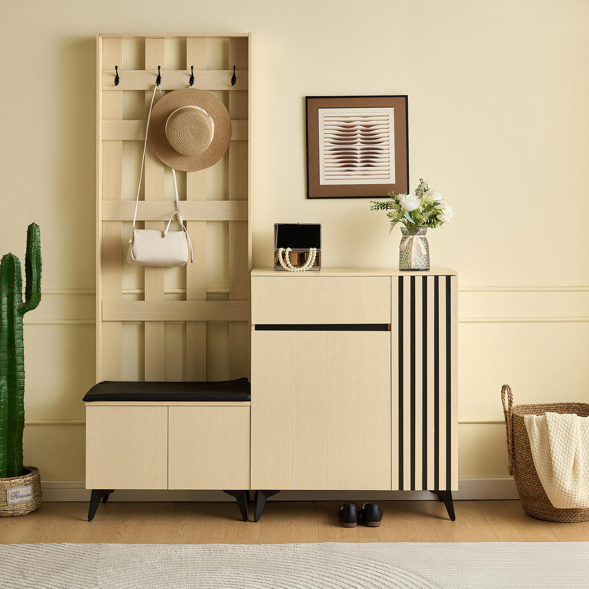 GARDEROBE Set Sitzbank Schuhschrank Sideboard Modern Flur Weiß - Naturfarben, Holzwerkstoff (60/179.5/35cm) - FLIEKS