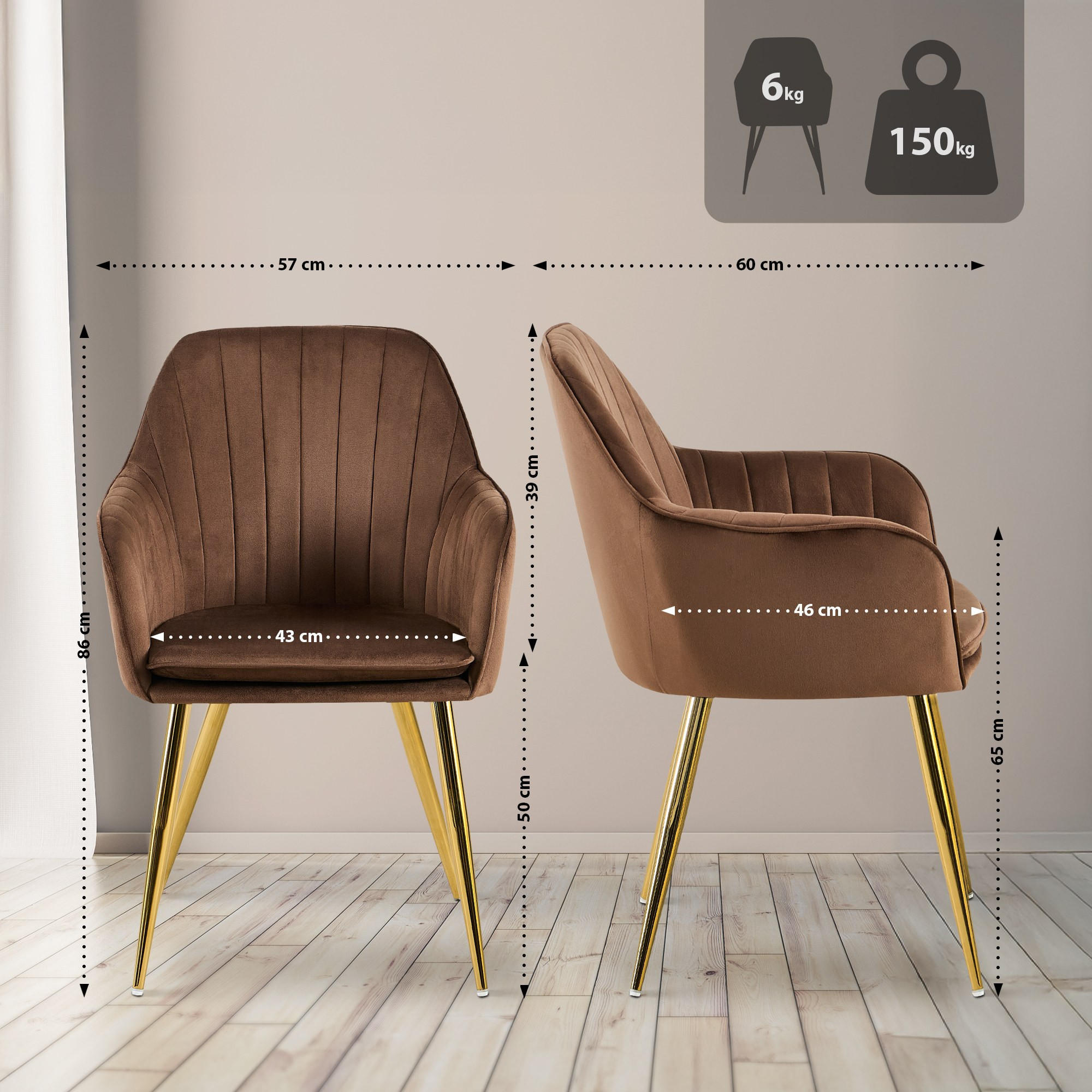 ARMLEHNENSTUHL Samt Braun - Goldfarben/Braun, Textil/Metall (60/57/86cm) - CLP