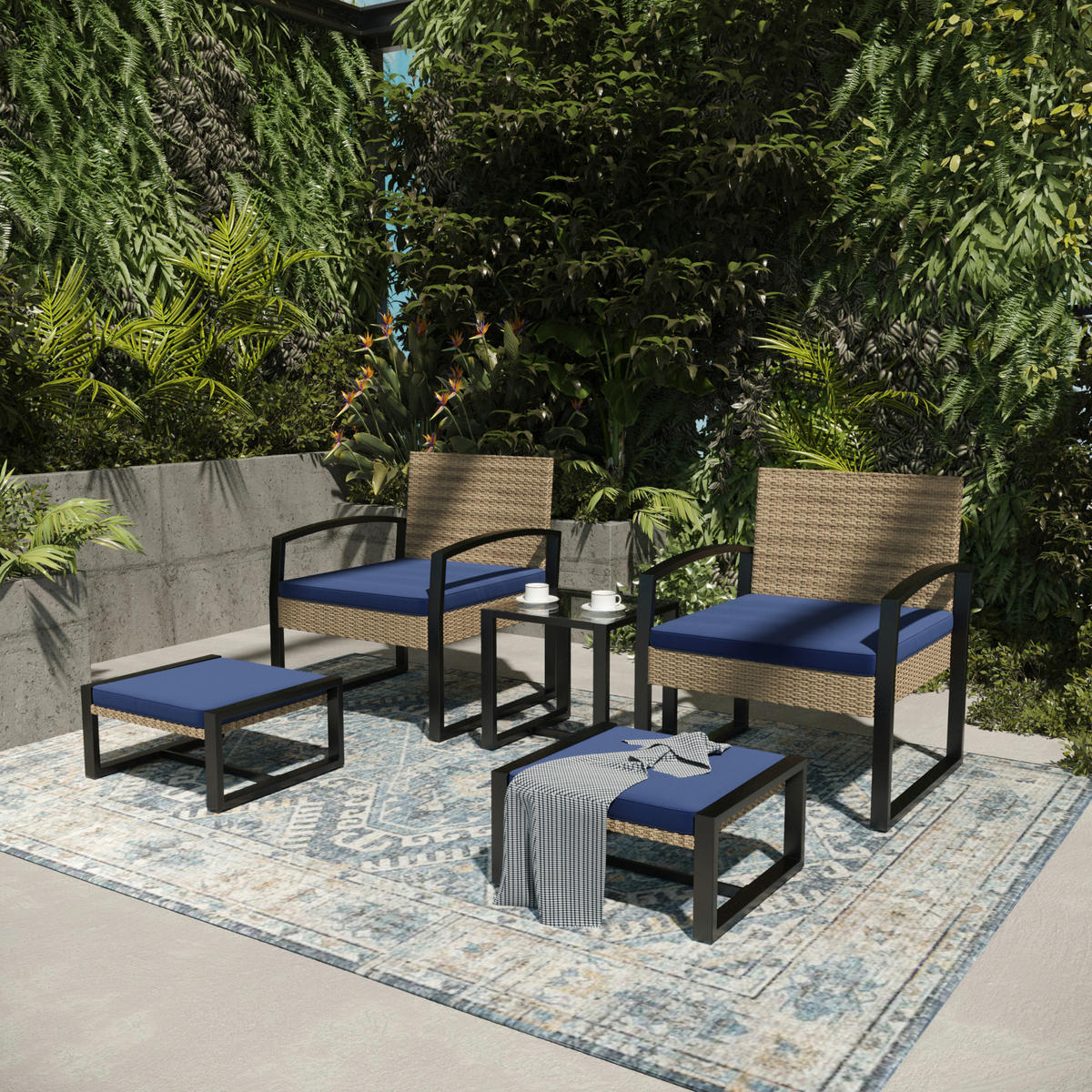 LOUNGE-SET 5 TLG. Calvello - Beige/Dunkelblau, Kunststoff/Metall - casa.pro