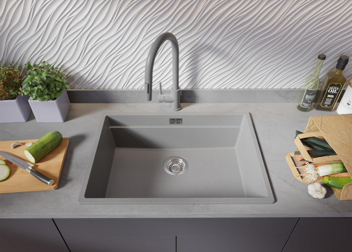 SPÜLBECKEN Praga Slim, 2-er set Grau 66/47 cm 1 Becken + Ablauf-Set + Aufrollbare Abtropffläche ab 70er Unterschrank - Chromfarben/Grau, Kunststoff (66/20/47cm) - Primagran