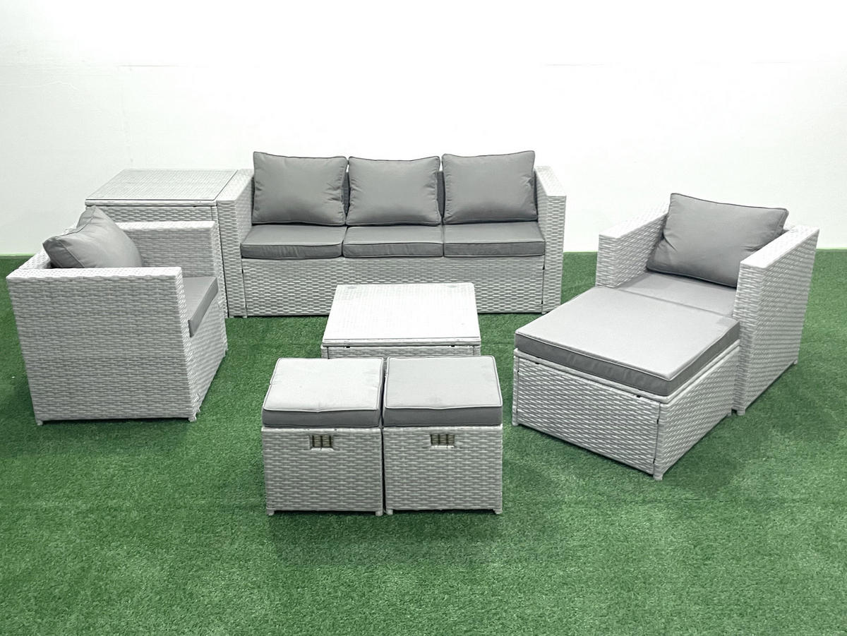 GARTENMÖBEL-SET mit Kissen Polyrattan Hellgrau-Mix 8-Sitzer - Hellgrau/Grau, Glas/Kunststoff - Fimous