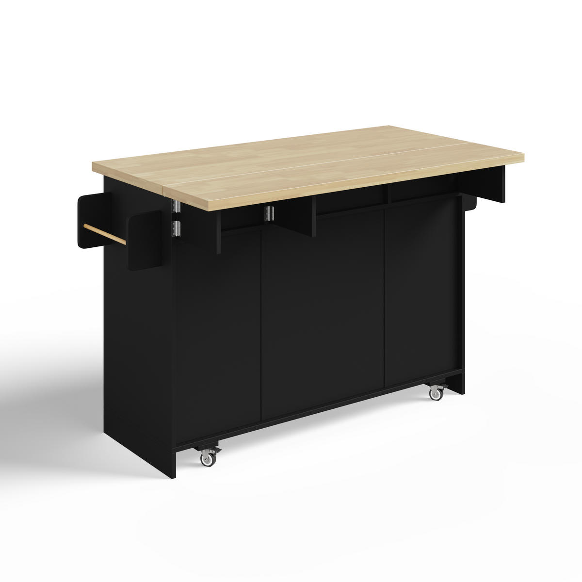 KÜCHENINSEL 137/45/87 cm Schwarz mit klappbarer Arbeitsplatte, Gewürzregal, 3 Schublade und Rollen - Schwarz, Holz/Holzwerkstoff (70/87/120cm) - Oxeza