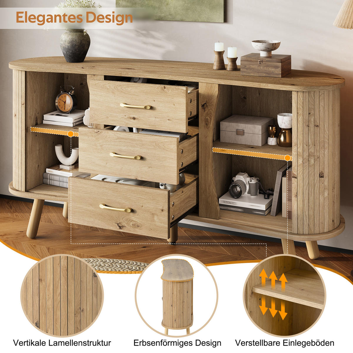 SIDEBOARD in Holzoptik Kommode mit Verstellbare Einlegeböden und Massivholzbeine, B150/T36,5/H75(cm) - Naturfarben, Holzwerkstoff (150/75/36.5cm) - STILVORA