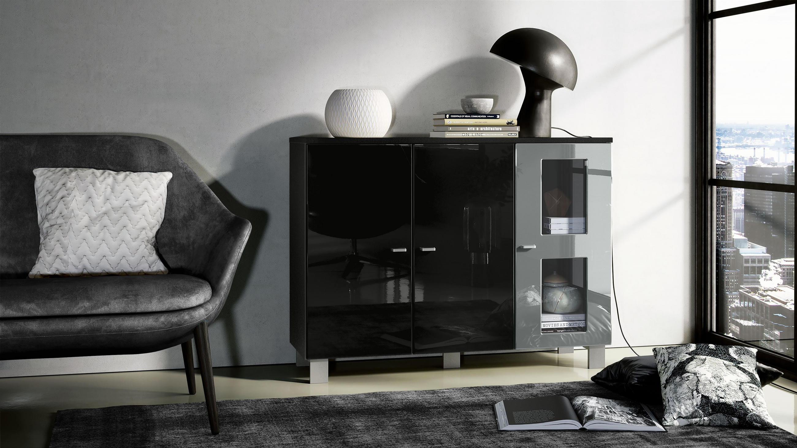 SIDEBOARD Denjo Tür in Grau Hochglanz - Grau, Holzwerkstoff (107/81/35cm) - Vladon